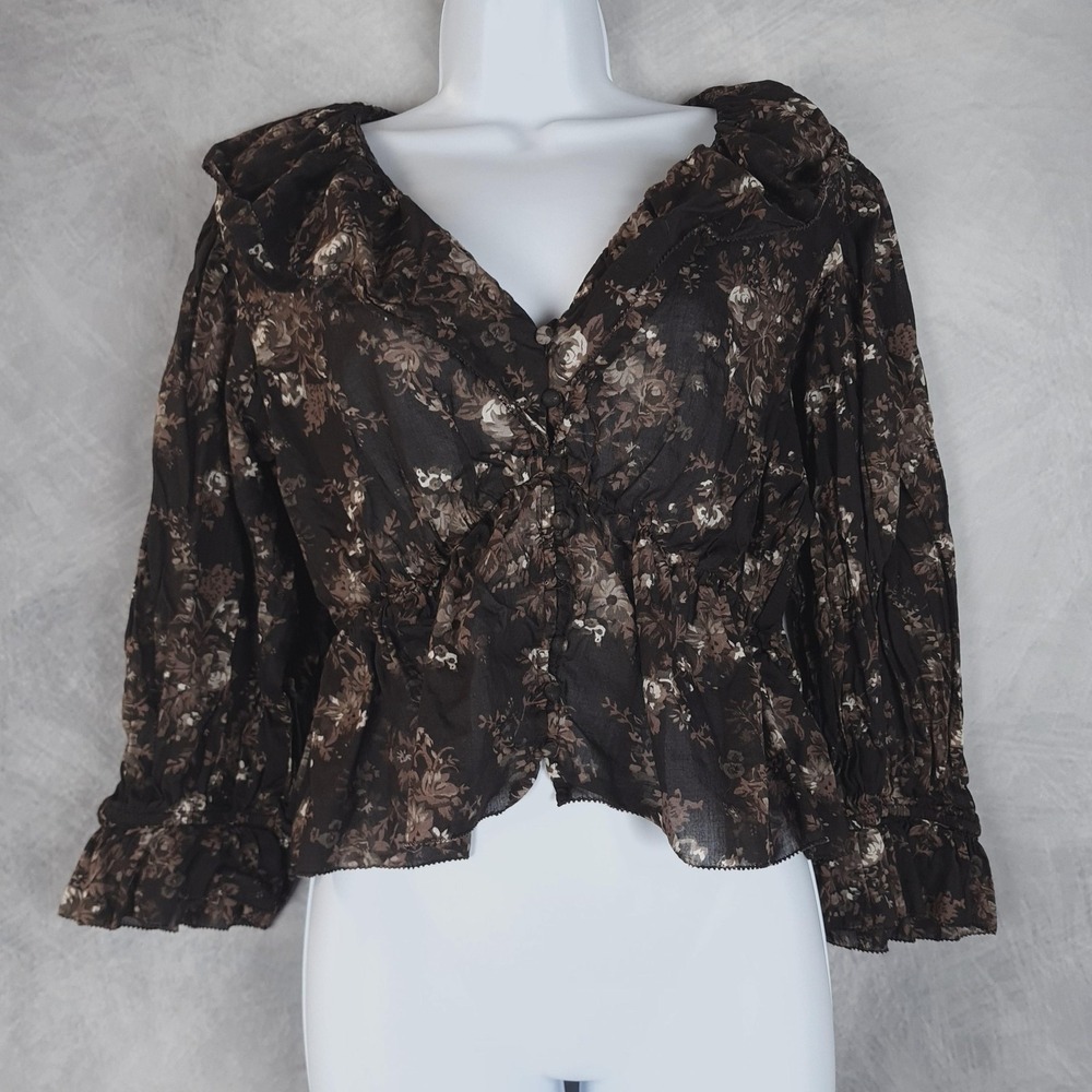 Gap Blouse Womens Medium Brown Floral Ruffle Collar Peplum Sheer Romantic